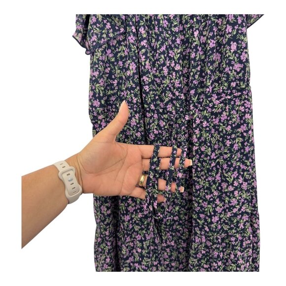 Time And Tru Women XL Floral Midi Dress Flutter Sleeves Navy Purple Lightweight - Picture 4 of 13